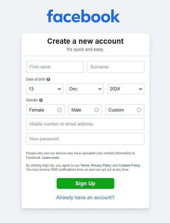 Screenshot of Facebook Create a New Account page